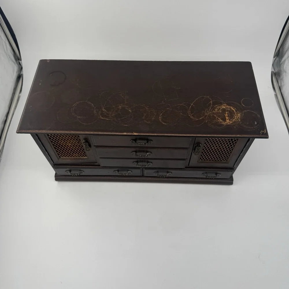 Vintage Japanese Wood‎ Jewelry Box Chest 9 Drawer MCM Teal Velvet Lined Japan
